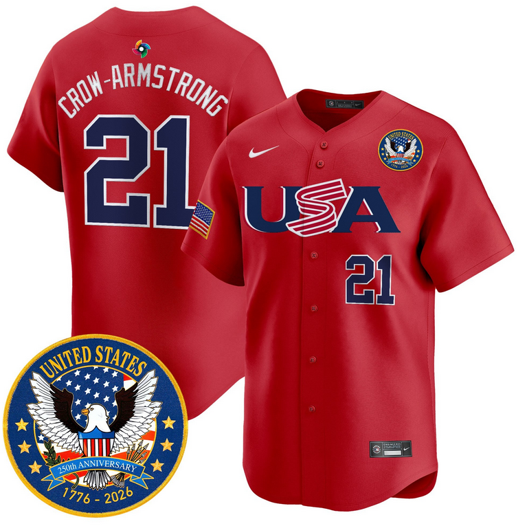 Men Team USA World Baseball Classic 250th Anniversary #21 Crow Armstrong red 2026 Roster Patch Vapor Jersey